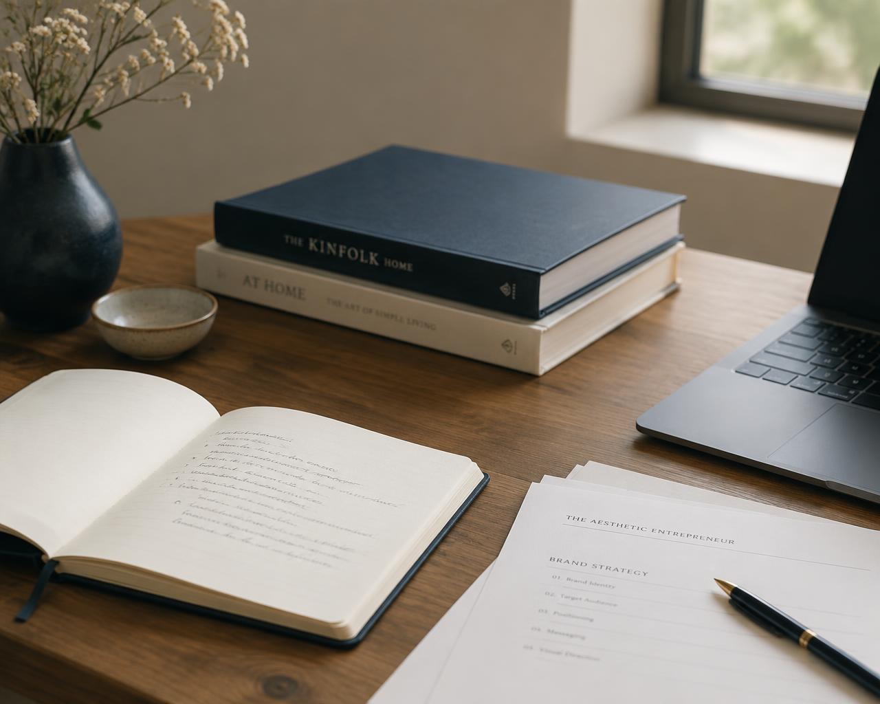 Laptop, boeken, notitieboek en koffie op een rustig bureau